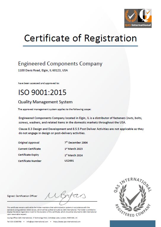Engineered Components Company ISO Certification